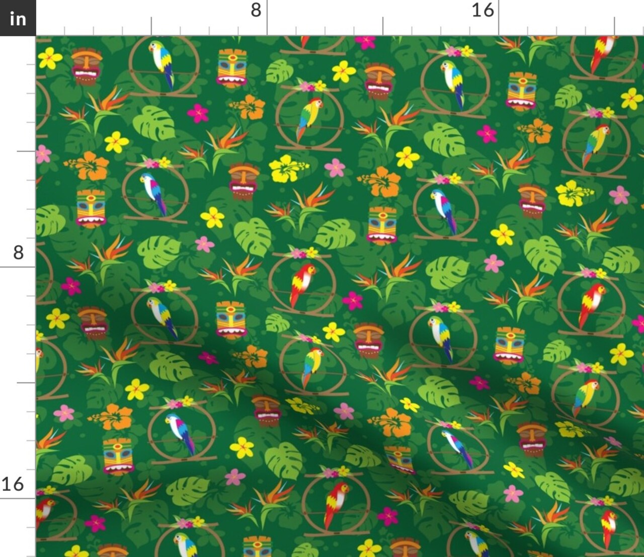 Tiki Green Floral Hibiscus Tropical Custom Printed Fabric by Spoonflower Various Fabrics by the Yard or Fat Quarter